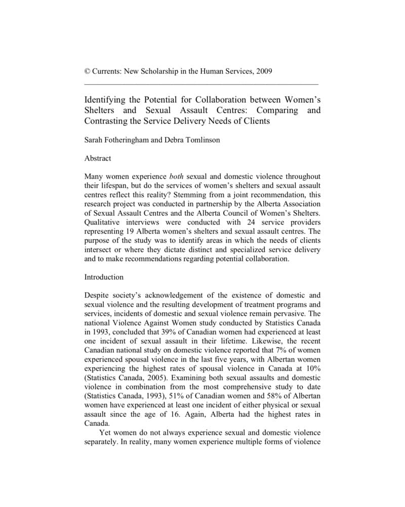 Identifying the Potential for Collaboration Between Women's Shelters and Sexual Assault Centres: Comparing and Contrasting the Service Delivery Needs of Clients