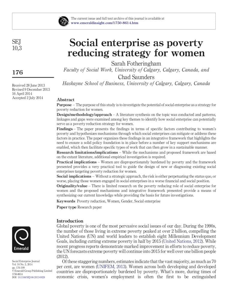 Social Enterprise as Poverty Reducing Strategy for Women